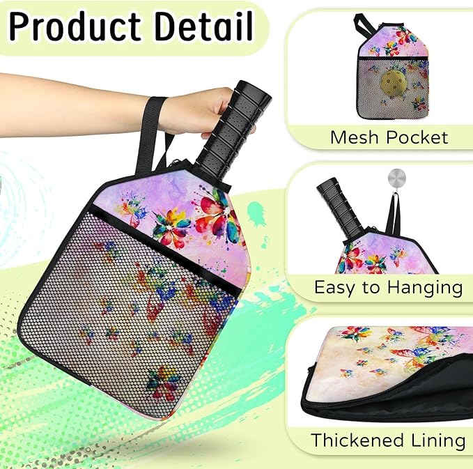 AUUXVA Watercolor Butterfly Pickleballs Paddle Cover, 2 Pcs Pickleball Case for Women, Compatible with Most Standard and Elongated Pickball Paddles, Ideal Present (Rackets and Balls are Not Included)