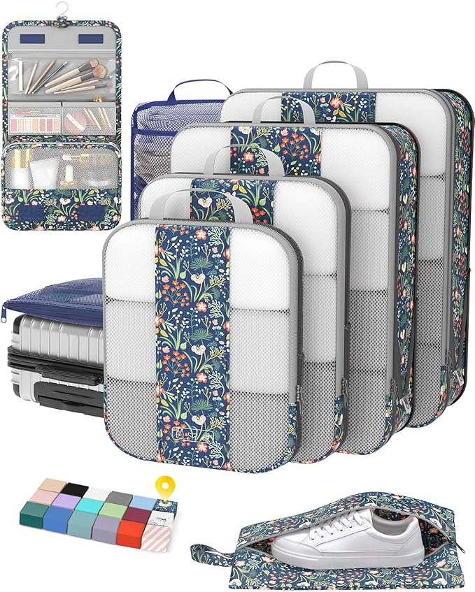 8 Set Compression Packing Cubes for Travel Essentials,Compressible Expandable Packing Cubes for Suitcase,OlarHike Luggage Organizer Bags for Travel(Dark Blue Floral)