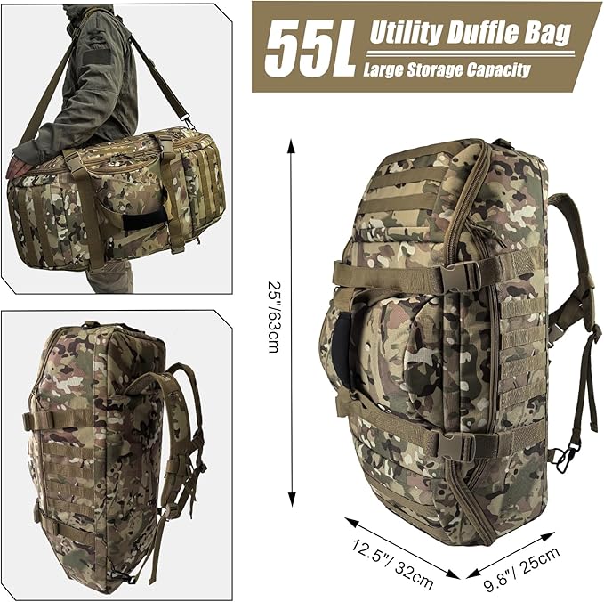 55L Large Duffle Bag, 3-in-1 Tactical Backpack MOLLE Pack for Sports, Gym, Outdoor, CP