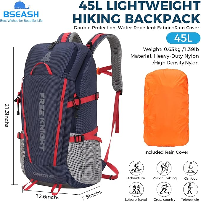 Bseash 45L Waterproof Hiking Camping Backpack with Rain Cover, Outdoor Sport Travel Bag Daypack for Climbing Skiing Cycling (Navy Blue)
