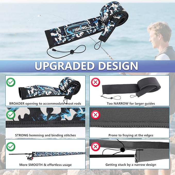 Lightproof Neoprene Fishing Rod Sleeve - Fishing Rod Cover for Storage & Transportation - Puncture Resistant Rod Sock for Casting, Trolling, Spinning Rods