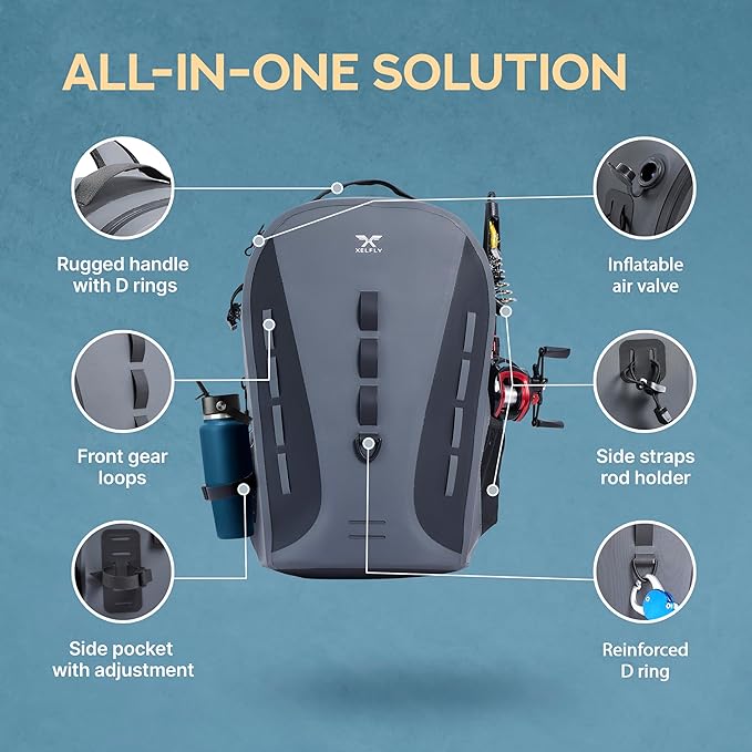 Xelfly Waterproof Fishing Backpack G2 with Rod Holder, Inflatable Air Valve, Padded Waist Straps & Gear Loops - Submersible Zipper, Rugged Top Handle, Adjustable Attachments (Gray)