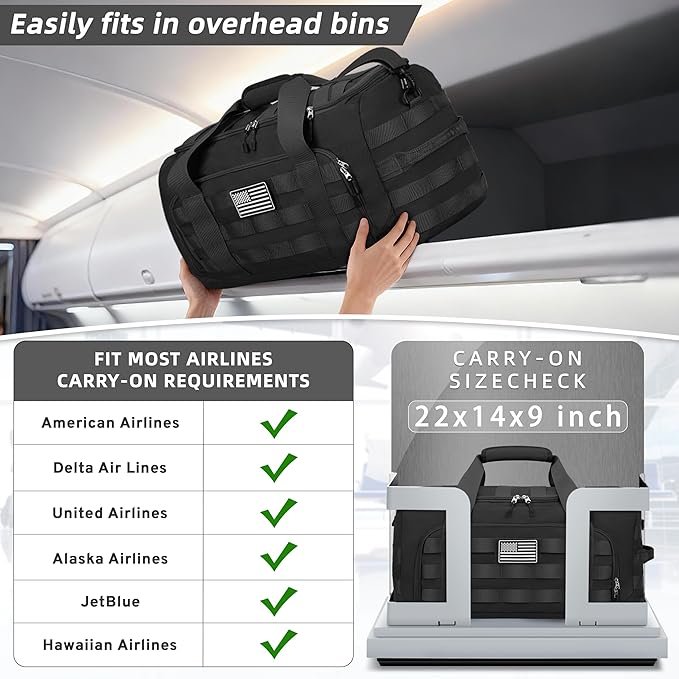 ZOMFELT Tactical Gym Bags for Men, Carry On Luggage 22x14x9 Airline Approved, 45L Duffle Bag with Removable Dividers & Innovative Shoe Compartment, Travel Duffel Gym Backpack, Black