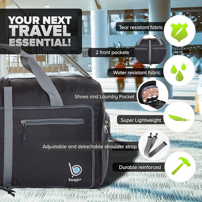 Bago Foldable Duffel Bags for Traveling Women & Men - 60L Medium Packable Duffle Bag for Travel with Shoe Compartment - Water Repellant, Heavy Duty, Lightweight Folding & Collapsible (Black)