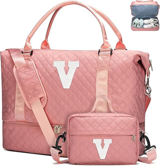 WOOMADA Initial Duffle Bag with Shoe Compartment,Personalized Weekender Bag, Overnight Bag for Women Girls, Gym Bag with Toiletry Bag