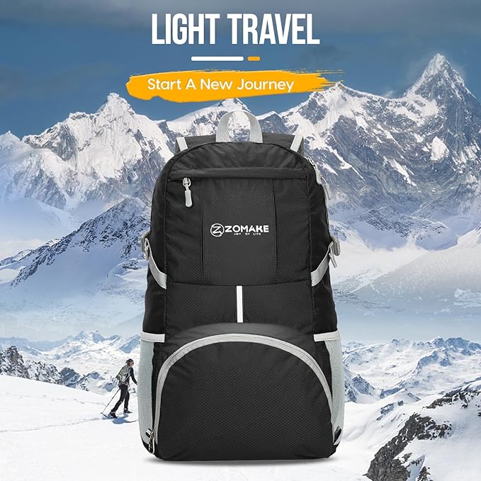 ZOMAKE Lightweight Packable Backpack 35L, Light Foldable Backpacks Water Resistant Collapsible Hiking Bag, Compact Folding Day Pack for Travel Camping(Black)
