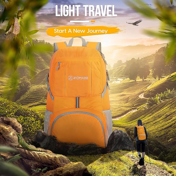 ZOMAKE Lightweight Packable Backpack 35L, Light Foldable Backpacks Water Resistant Collapsible Hiking Bag, Compact Folding Day Pack for Travel Camping(Yellow)