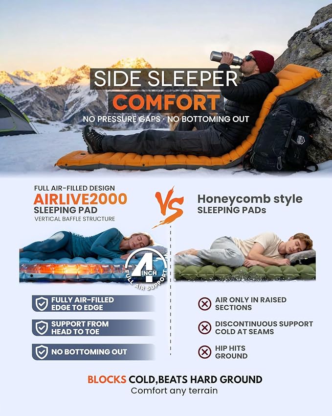 ZOOOBELIVES Inflatable Camping Sleeping Pad, 4-Inch Thick Full Air Support, No Bottoming Out for Side Sleepers, Camping & Backpacking Mattress with Built-in Foot Pump, Durable & Compact – Airlive2000