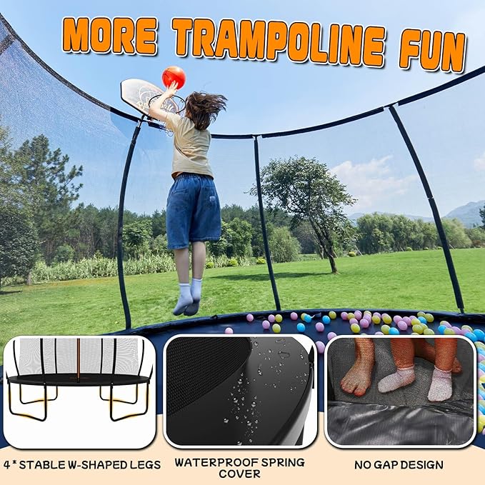 jumpfly Tranpoline 8/10/12/14/15/16FT Tranpoline Outdoor for Kids and Adults Recreational Tranpolines with Basketball Hoop, Anti-Rust Ladder, ASTM Approved