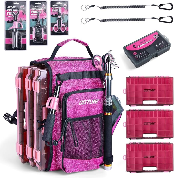 Goture OpenSide Fishing Sling Tackle Storage Bag with 3 3700 Tackle Boxes,Lures & Fishing Tools, Lightweight Fishing Backpack Storage for Fishing Gear-Shimmering Pink Bag, Gift for Women