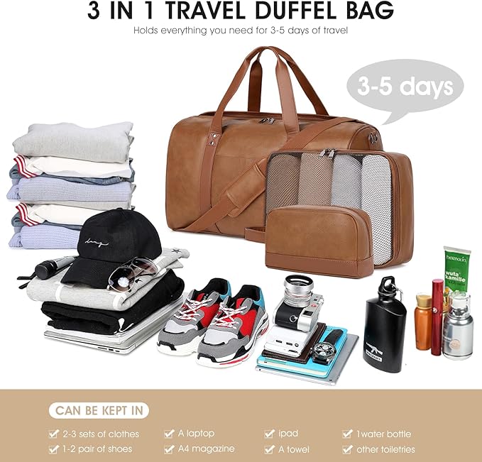 Wogarl 3PCS Faux Leather Weekender Bag for Women Men Large Overnight Bags Travel Duffel with Shoe Compartment Toiletry Packing Cube Carry On Tote Fit 21" Laptop(Light Brown)