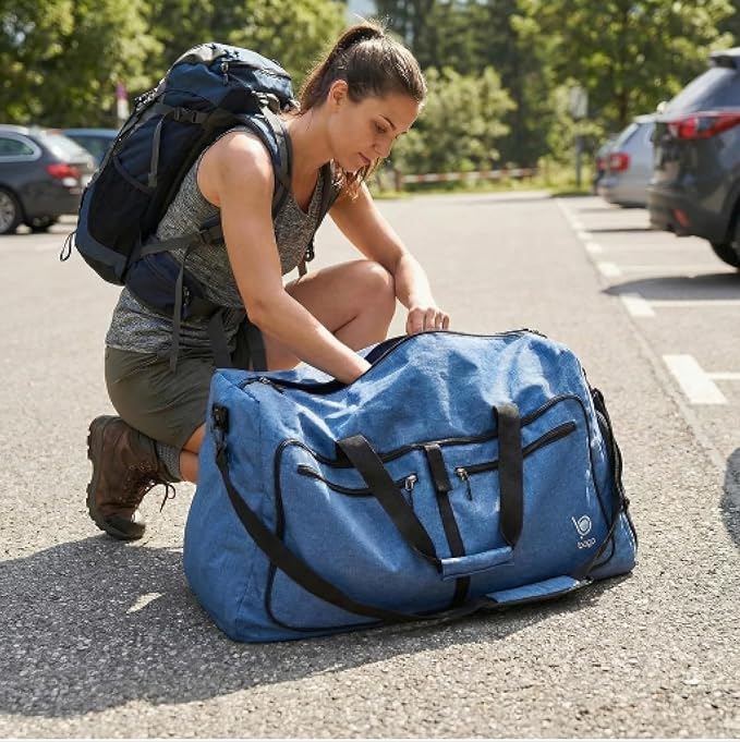 Bago Large Foldable Duffel Bags for Traveling Women & Men - 80L Packable Duffle Bag for Travel with Shoe Compartment - Water Repellant, Heavy Duty, Lightweight Folding & Collapsible (SnowDepBlue)