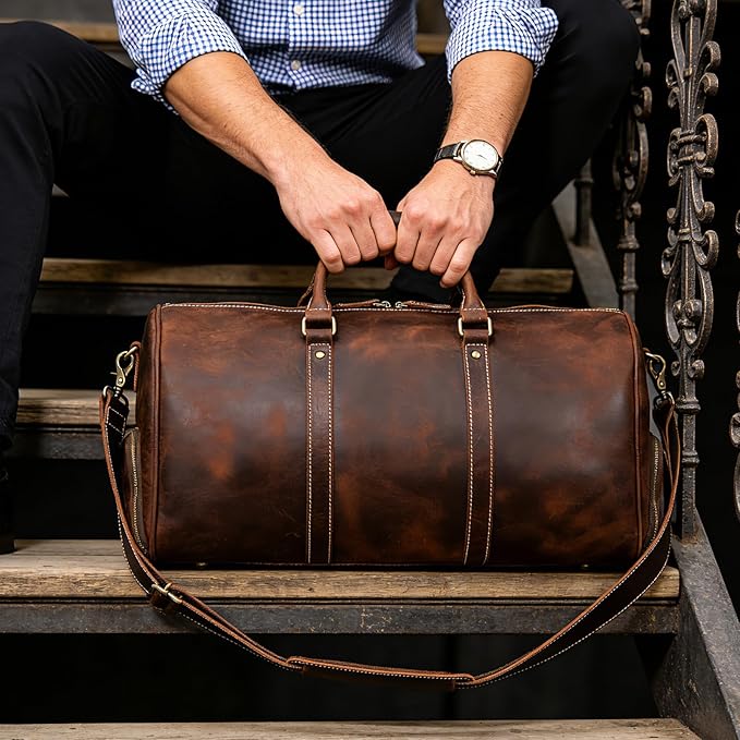 Full Grain Leather Duffel Bags for Men and Women 20 Inch Travel Overnight Weekend Leather Bags Travel Duffel for Men, 9804 Brown