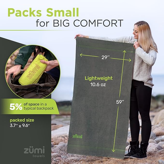 Zumi 100% Cotton Quick Dry Travel Towel - Soft, Thin, Compact, Highly Absorbent, Lightweight Camping Towel for Beach, Gym, Bath, Shower, Swimming, Dorm, RV - Green
