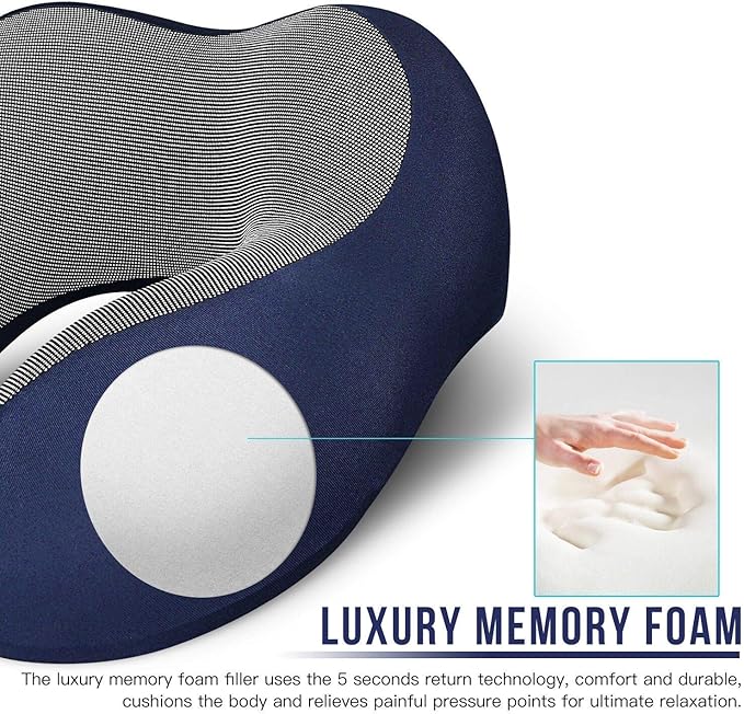 MLVOC Travel Pillow 100% Pure Memory Foam Neck Pillow, Comfortable & Breathable Cover, Machine Washable, Airplane Travel Kit with 3D Contoured Eye Masks, Earplugs, and Luxury Bag, Standard (Blue)