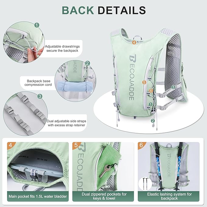 BECOJADDE Running Vest Hydration Backpack for Men Women, 5L Lightweight Running Backpack Hydration Pack for Marathon, Trail, Cycling, Hiking, Jogging