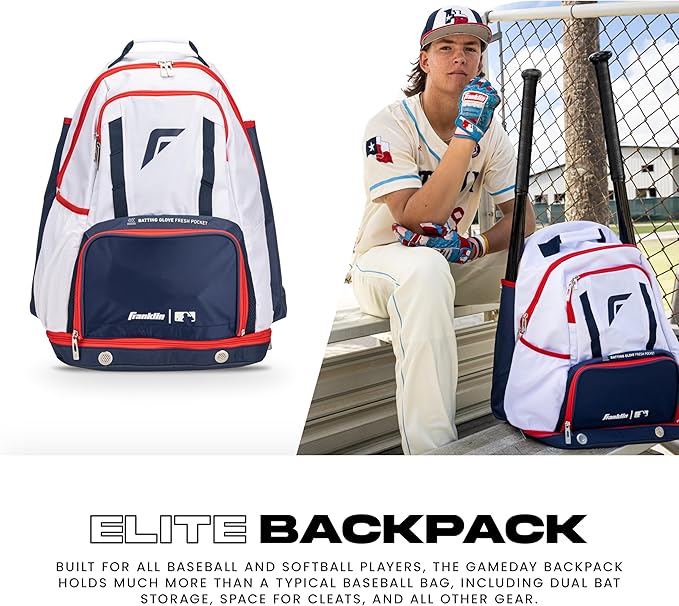 Franklin Sports MLB Gameday Baseball + Softball Backpack – Adult +Youth Equipment + Bat Bag – Stores Batting Gloves, Helmet, Cleats + More - Waterproof Premium Batpack