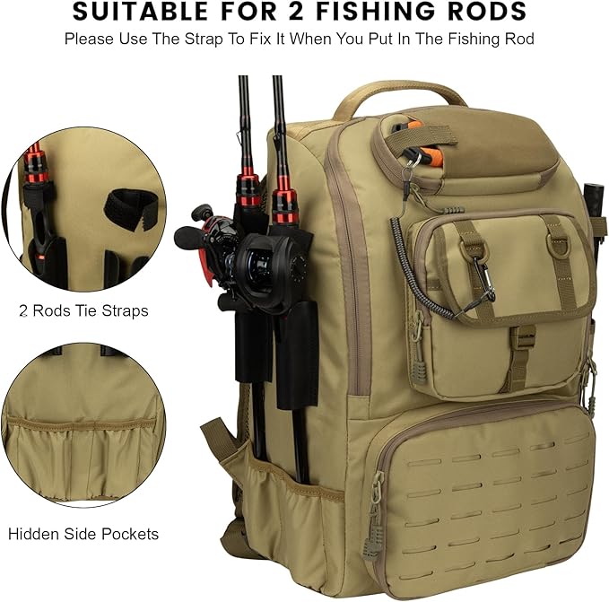 Hp hope Fishing Backpack with Rod Holders & Cooler, 40L Fishing Tackle Bag Fishing Tackle Storage Backpack Fishing Gear for Camping, Khaki