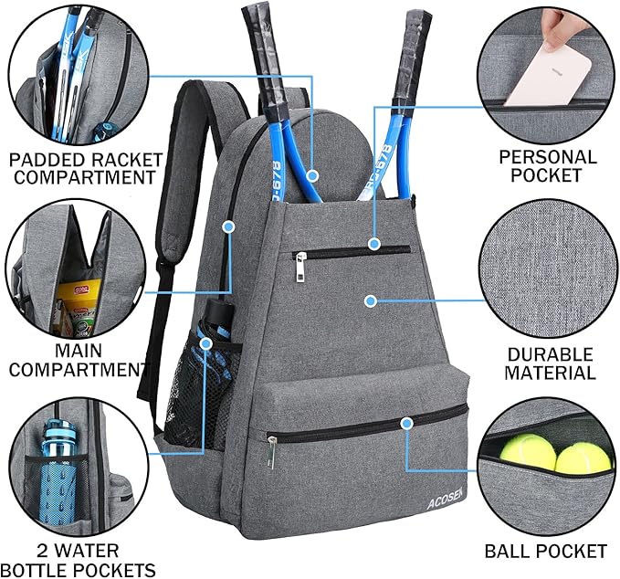 ACOSEN Tennis Bag Tennis Backpack - Large Tennis Bags for Women and Men to Hold Tennis Racket,Pickleball Paddles, Badminton Racquet, Squash Racquet,Balls and Other Accessories
