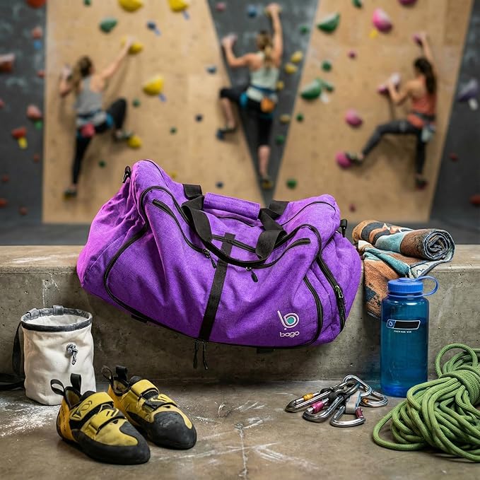 Bago Foldable Duffel Bags for Traveling Women & Men - 60L Medium Packable Duffle Bag for Travel with Shoe Compartment - Water Repellant, Heavy Duty, Lightweight Folding & Collapsible (SnowDepPurple)