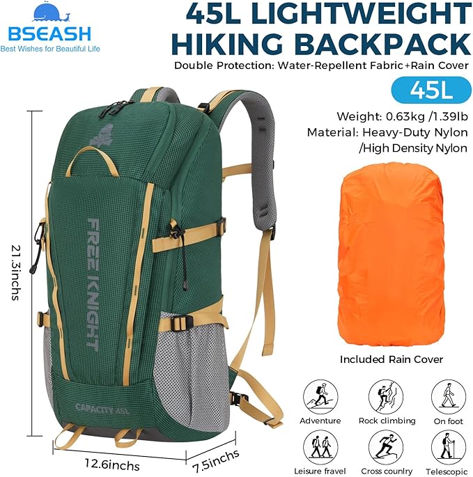 Bseash 45L Waterproof Hiking Camping Backpack with Rain Cover, Outdoor Sport Travel Bag Daypack for Climbing Skiing Cycling (Green)