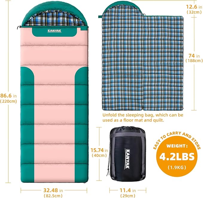 Cotton Flannel Lined Sleeping Bag for Adults Teens Kids, Cold Weather &Warm, 3 Seasons, Lightweight Compact Camping Essentials Equipment, Hiking, Outdoor, Travel