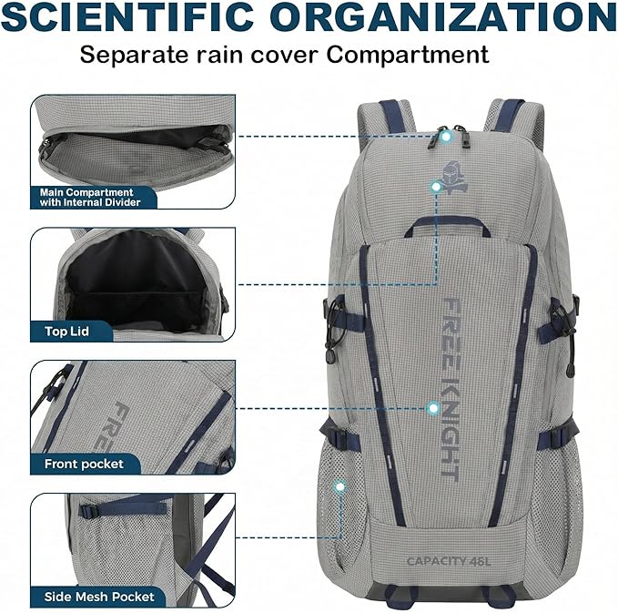 Bseash 45L Waterproof Hiking Camping Backpack with Rain Cover, Outdoor Sport Travel Bag Daypack for Climbing Skiing Cycling (Gray)