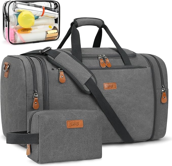 Canvas Mens Duffle Bag for Travel - Expandable 50L Weekender Bags with Toiletry Bag, Overnight Bag Travel Duffel Carry On Luggage with Removable Shoulder Strap, Durable & Water-Resistant