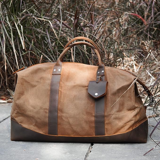 Polare 23” Waterproof Travel Duffel Bag Waxed Canvas Cowhide Leather Trim Luggage for Gym 55L Weekender Overnight Carry on Bag (Brown-23")