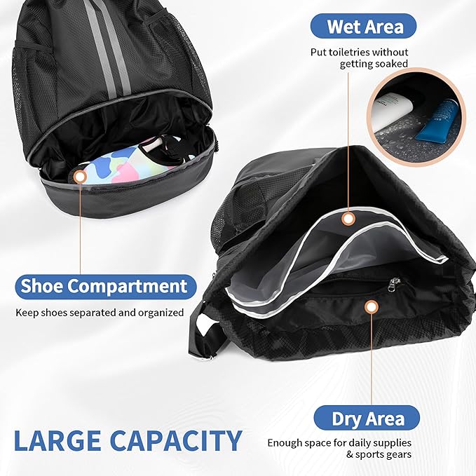 Drawstring Backpack Gym Bag with Shoes Compartment for Soccer, Basketball, Swim, Water-Resistant String Backpack Beach Cinch for Women Men, Black, Medium