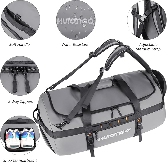 40L/60L/90L Large Waterproof Duffle Bag Backpack for Men, Mens Duffel Backpack Bags for Traveling, Heavy Duty (Grey, 60L)