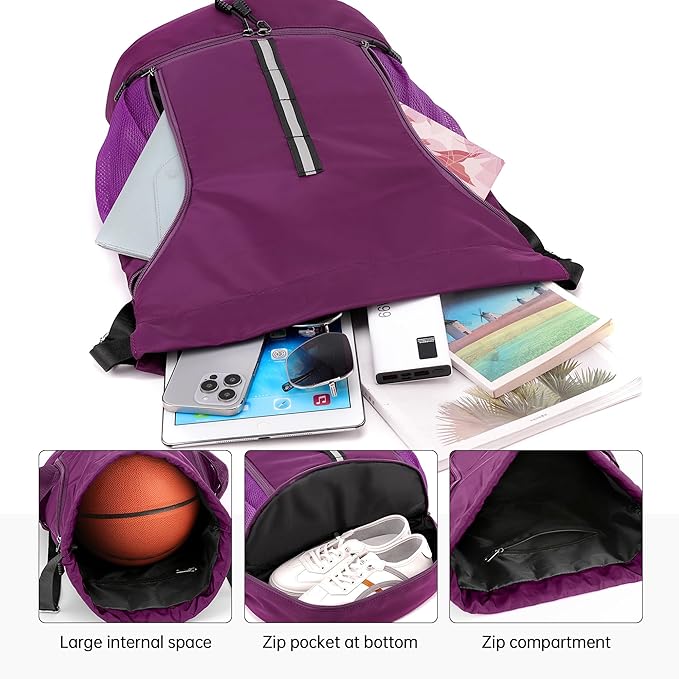 Sport Gym Bag Drawstring Backpack Beach Bag for Men Women with Shoe Compartment and Reflective Strips (Purple)