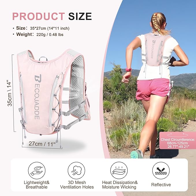 BECOJADDE Running Vest Hydration Backpack for Men Women, 5L Lightweight Running Backpack Hydration Pack for Marathon, Trail, Cycling, Hiking, Jogging