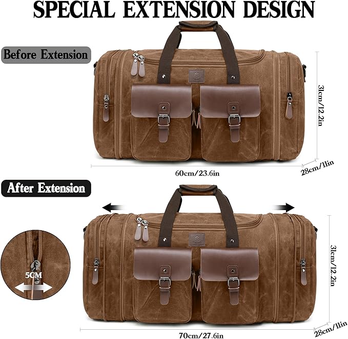 Canvas Duffle Bag for Men 60L Travel Duffel Bags Expandable Genuine Leather Duffel Overnight Weekender Carry On Bag Two Zipper Pockets Travel Bag (Vintage Dark Brown, X Large-60L)