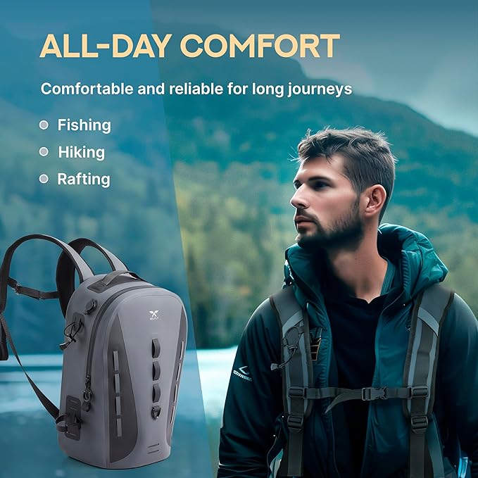 Xelfly Waterproof Fishing Backpack G2 with Rod Holder, Inflatable Air Valve, Padded Waist Straps & Gear Loops - Submersible Zipper, Rugged Top Handle, Adjustable Attachments (Gray)