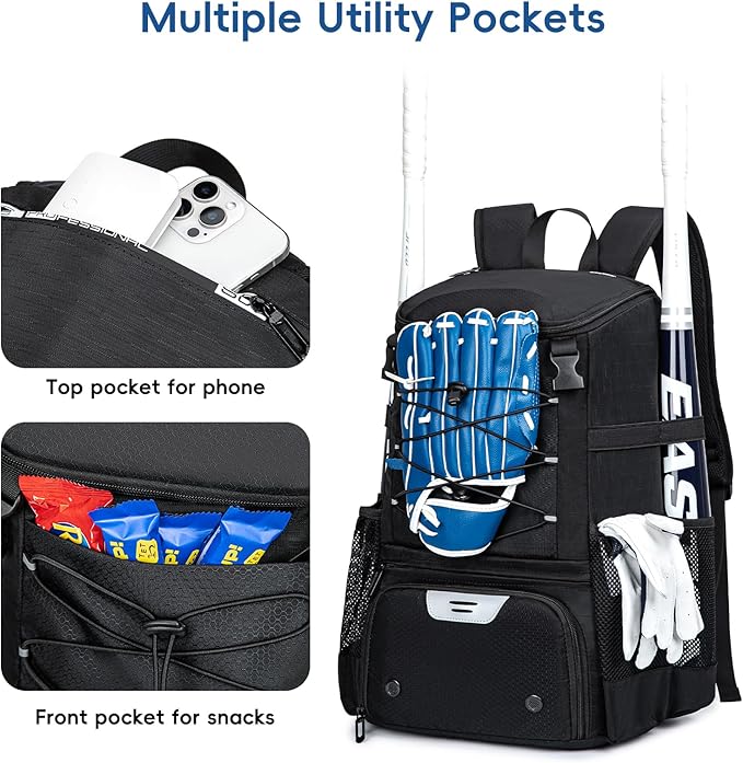 Baseball Bag for Youth and Adult, Softball Backpack 40L Large Capacity, Bat Backpack with Shoes Compartment and Hidden Helmet Holder