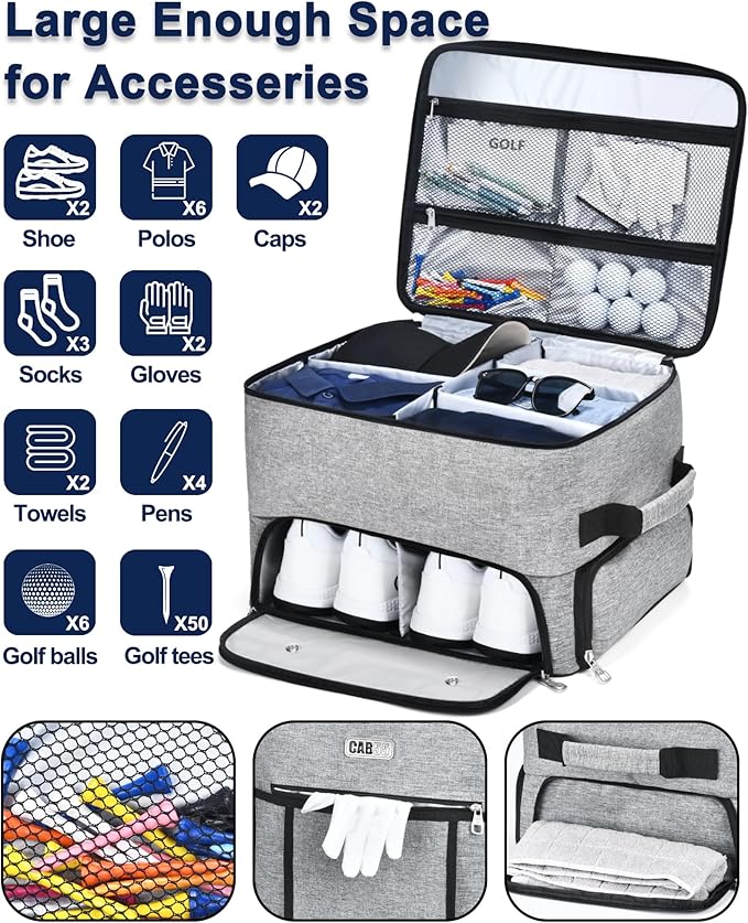 CAB55 Golf Trunk Organizer with 4 Wheels, 2 Layer Waterproof Car Golf Organizer with Separate Ventilated Compartment for 2 Pair Shoes, Golf Trunk Storage for Clothes, Accessories, Golf Gifts