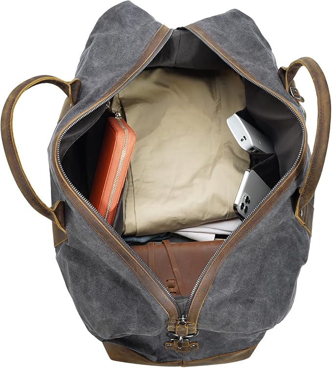 Polare 23” Waterproof Travel Duffel Bag Waxed Canvas Cowhide Leather Trim Luggage for Gym 55L Weekender Overnight Carry on Bag (Grey-23")