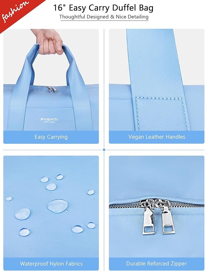 Sports Small Gym Bag for Women, Cute Mini Duffle Bag with Wet Pocket & Shoes Compartment, Personal Item Travel Workout Bag, 16"- Small, Sky Blue