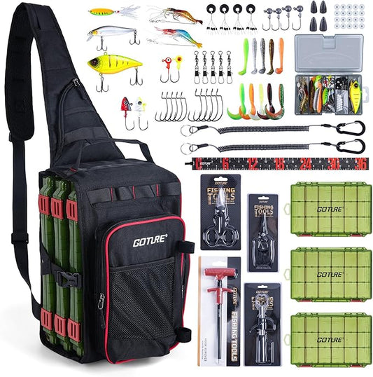 Goture OpenSide Fishing Sling Tackle Storage Bag with 3 Tackle Boxes and Fishing Tools, Lightweight Fishing Backpack Storage for Fishing Gear - Black Bag for Fishing, Gift for Men