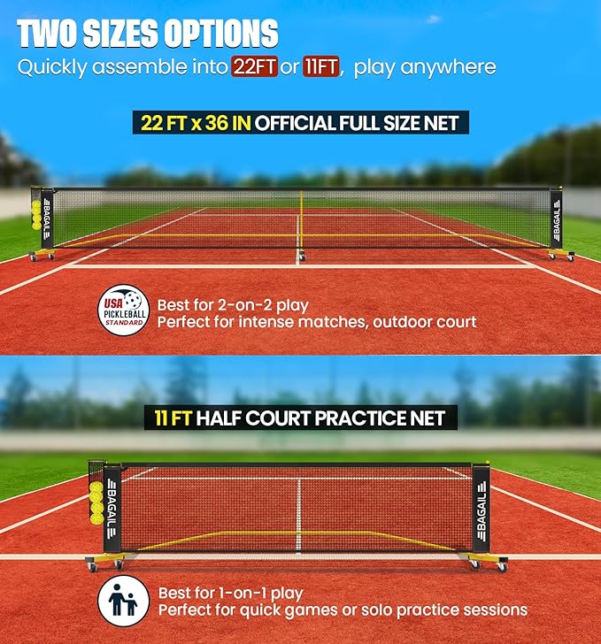 BAGAIL Portable Pickleball Net Set, 22 FT Regulation Size Pickle Ball Net with Ball Collector, 4 Balls and Carry Bag, Easy Setup for Outdoor Indoor Driveway