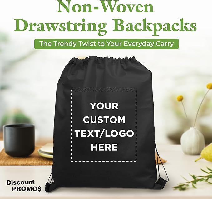 DISCOUNT PROMOS Custom Non-Woven Drawstring Backpacks Set of 10/50/100, Personalized Bulk Pack