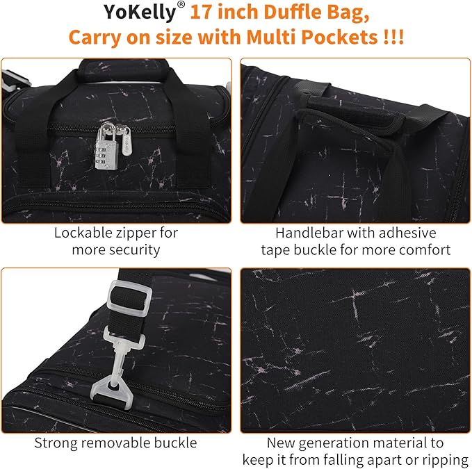 17 inch Small Duffle Bag - Carry On Weekender Bag for Travel Gym Sport - Black Marble