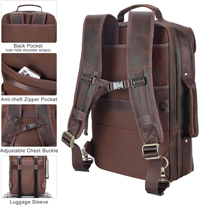 TIDING Full Grain Leather 17.3 Inch Laptop Backpack for Men, Convertible Business Briefcase Weekender Camping Bag Travel Rucksack