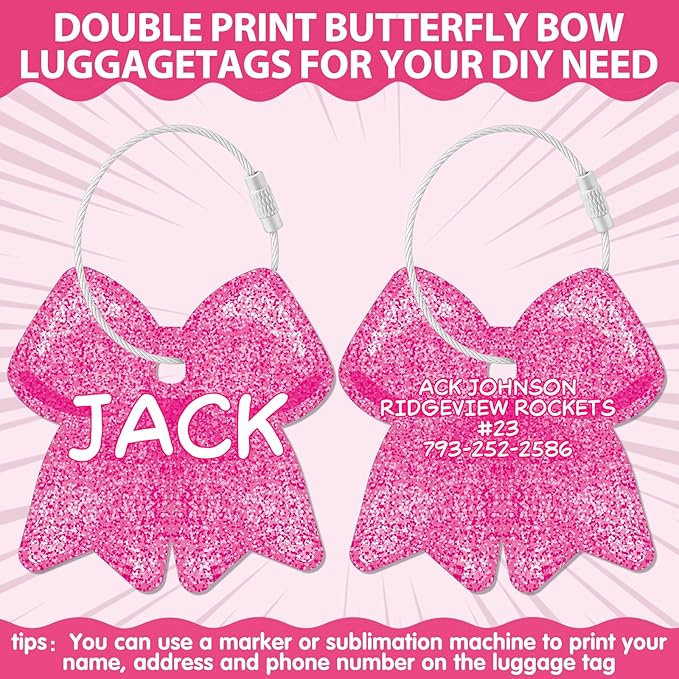 12 Pcs Cheerleader Bag Tags for Travel Bag Suitcase Luggage Tags, Cheer Bow Bows Keychain,Charm with Metal Ring 2.75in PVC Name Id and DIY Pocket Hug Card for Men Women Enthusiast