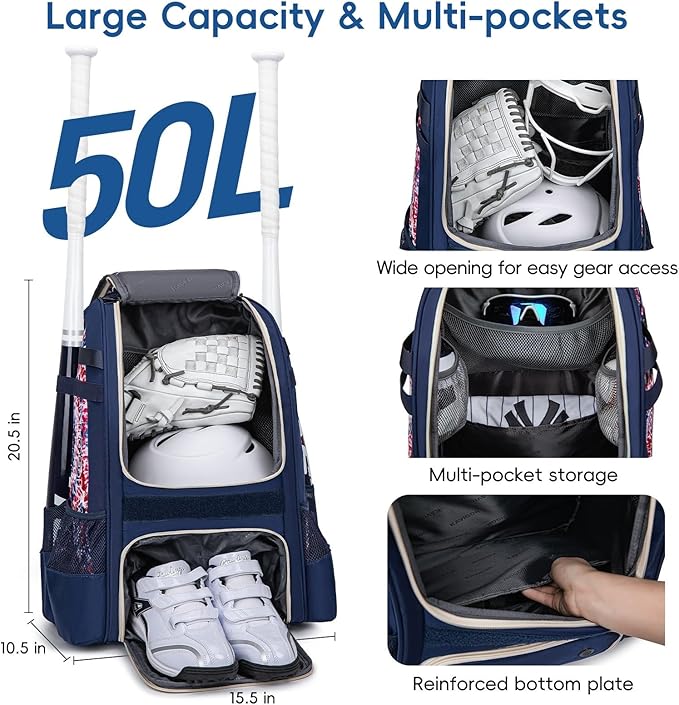 Baseball Bag for Youth | Softball Backpack 50L Large Capacity with Shoe Compartment and 4 Bat Holders | Nova Flare Series