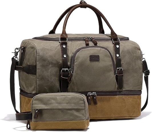 Nerlion Green Large Weekender Overnight Duffel Bag with Shoe Compartment and Leather Accents