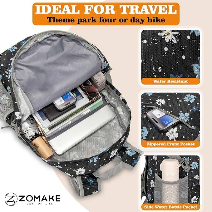 ZOMAKE Lightweight Packable Backpack 30L, Foldable Hiking Backpacks Water Resistant Compact Folding Daypack for Travel(Black,Floral pattern)