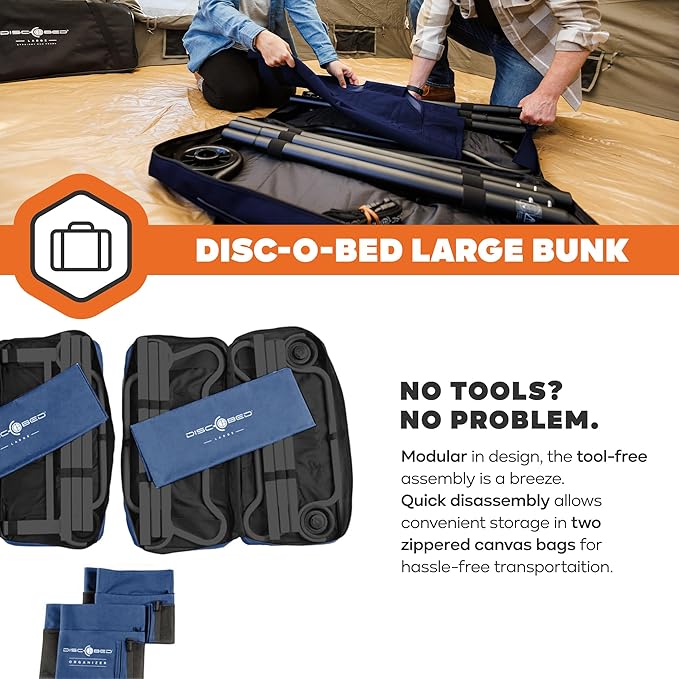 Disc-O-Bed Large Outdoor Convertible 2 Person Bench and Double Camping Cot Portable Bed Bunk System for Adults, Navy