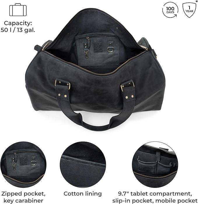 Berliner Bags Vintage Genuine Leather Duffle Bag Oslo for Travel or the Gym, Weekender, Travel Bag, Overnight Bag for Men and Women - Brown - Dark Grey